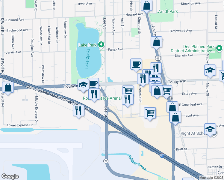 map of restaurants, bars, coffee shops, grocery stores, and more near in Des Plaines