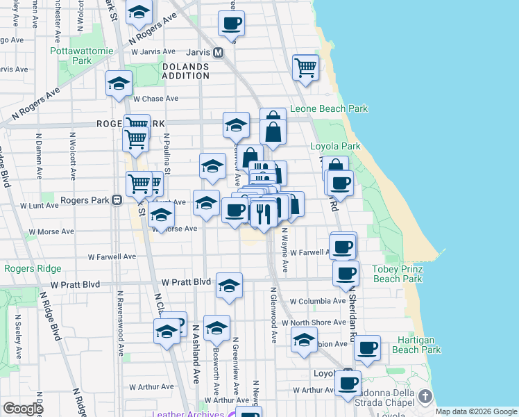 map of restaurants, bars, coffee shops, grocery stores, and more near 1415 West Lunt Avenue in Chicago