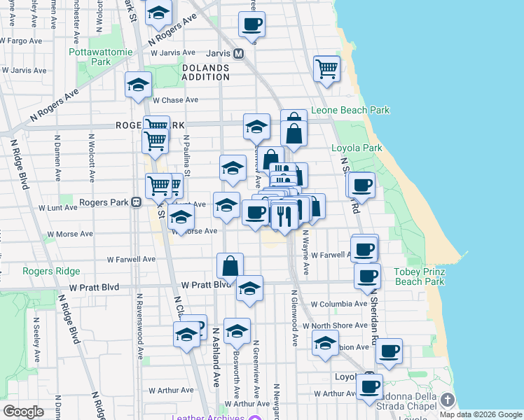 map of restaurants, bars, coffee shops, grocery stores, and more near 6973 North Greenview Avenue in Chicago