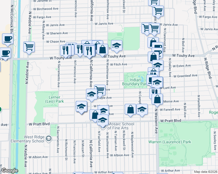 map of restaurants, bars, coffee shops, grocery stores, and more near 7020 North Washtenaw Avenue in Chicago
