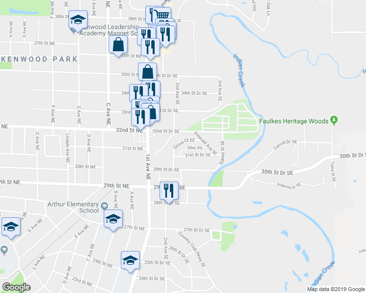 map of restaurants, bars, coffee shops, grocery stores, and more near 3129 Grove Court Southeast in Cedar Rapids