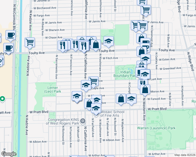 map of restaurants, bars, coffee shops, grocery stores, and more near 2708 West Lunt Avenue in Chicago