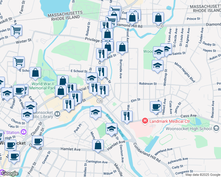 map of restaurants, bars, coffee shops, grocery stores, and more near 113 Elm Street in Woonsocket
