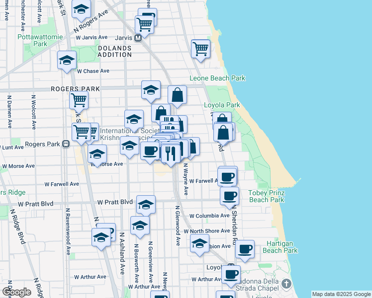 map of restaurants, bars, coffee shops, grocery stores, and more near 1317 West Lunt Avenue in Chicago