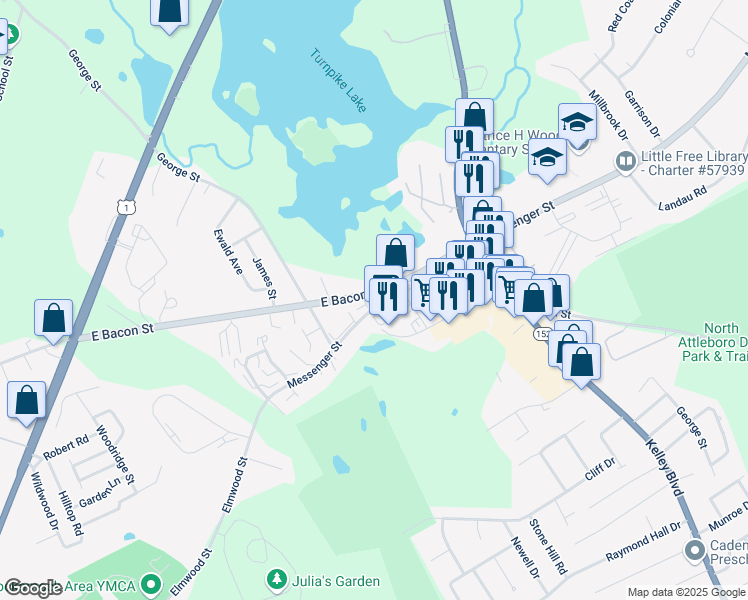 map of restaurants, bars, coffee shops, grocery stores, and more near 172 East Bacon Street in Plainville