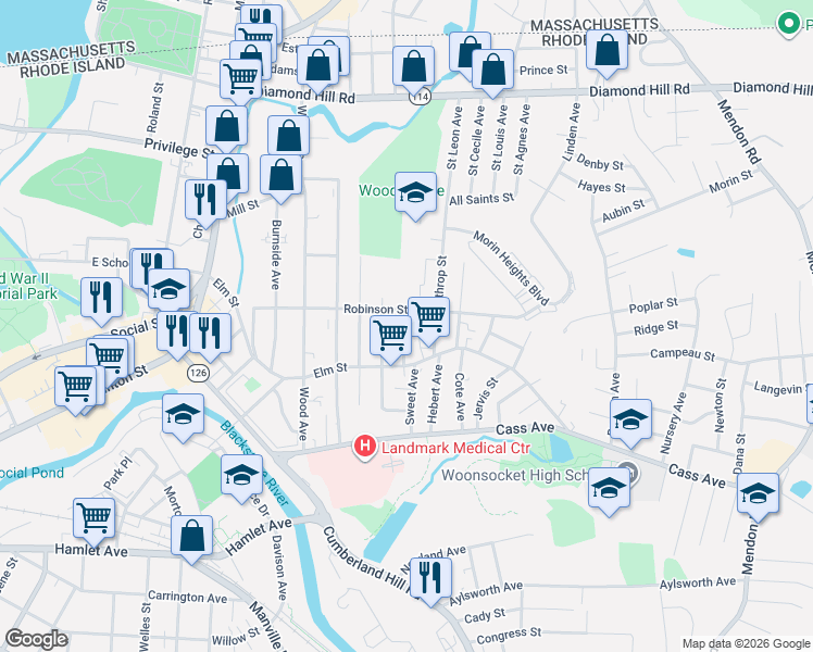 map of restaurants, bars, coffee shops, grocery stores, and more near 385 Robinson Street in Woonsocket