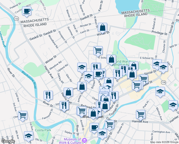 map of restaurants, bars, coffee shops, grocery stores, and more near 76 Prospect Street in Woonsocket
