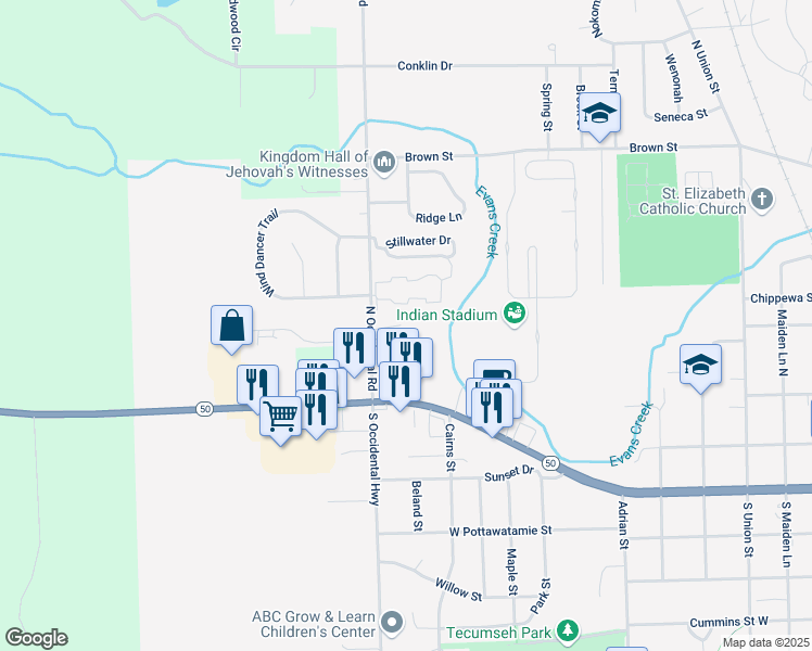 map of restaurants, bars, coffee shops, grocery stores, and more near 50 Stonehenge Apartment in Tecumseh
