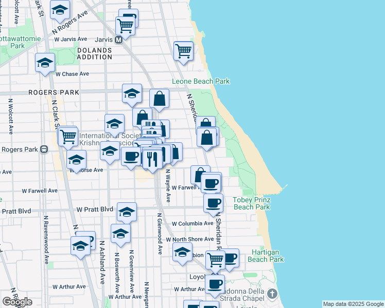 map of restaurants, bars, coffee shops, grocery stores, and more near 1215 West Lunt Avenue in Chicago