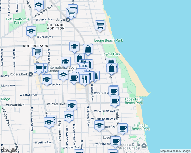 map of restaurants, bars, coffee shops, grocery stores, and more near 1317 West Lunt Avenue in Chicago