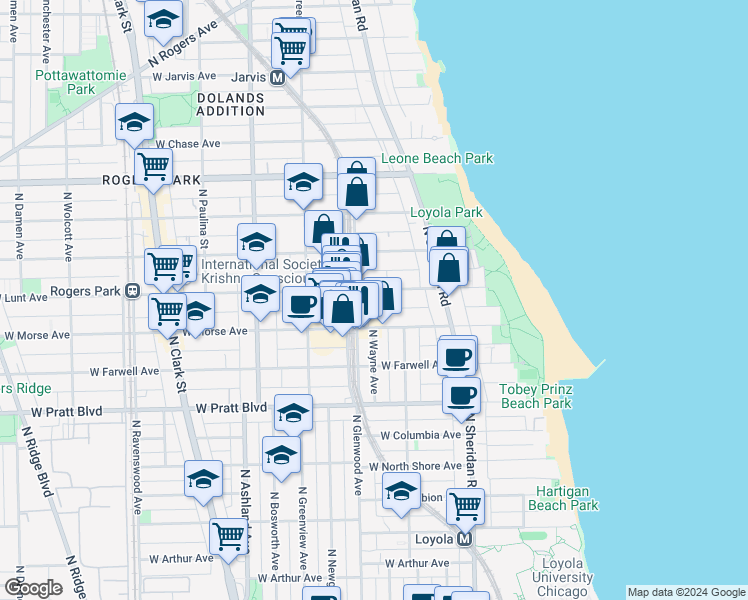 map of restaurants, bars, coffee shops, grocery stores, and more near 1317 West Lunt Avenue in Chicago