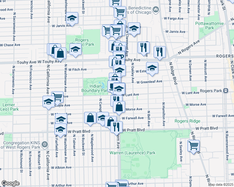 map of restaurants, bars, coffee shops, grocery stores, and more near 6967 North Western Avenue in Chicago
