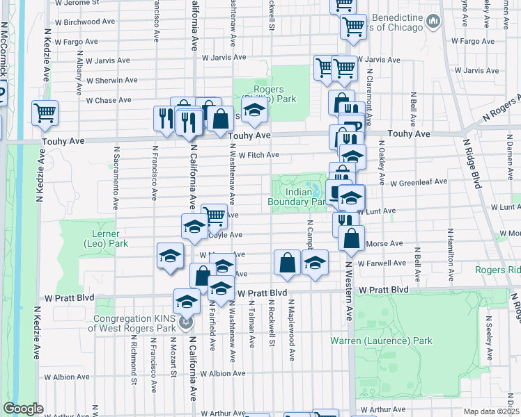 map of restaurants, bars, coffee shops, grocery stores, and more near 2624 West Lunt Avenue in Chicago