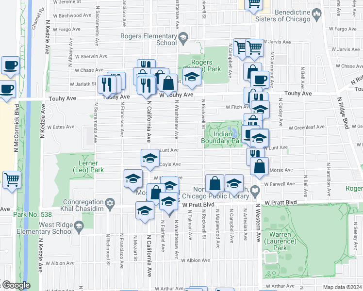 map of restaurants, bars, coffee shops, grocery stores, and more near 7020 North Washtenaw Avenue in Chicago