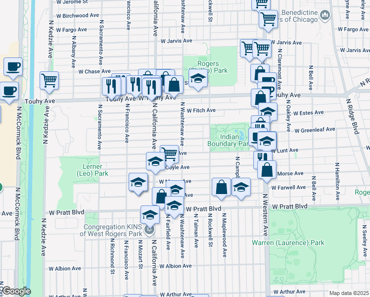 map of restaurants, bars, coffee shops, grocery stores, and more near 7020 North Washtenaw Avenue in Chicago