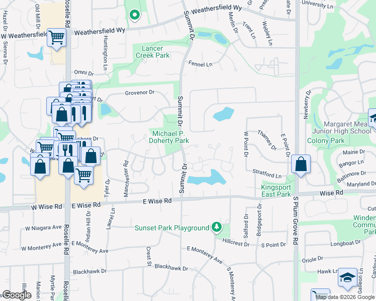 map of restaurants, bars, coffee shops, grocery stores, and more near 415 Drake Circle in Schaumburg