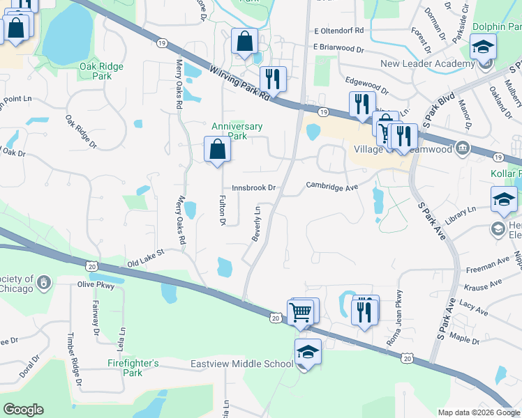 map of restaurants, bars, coffee shops, grocery stores, and more near 1320 Beverly Lane in Streamwood