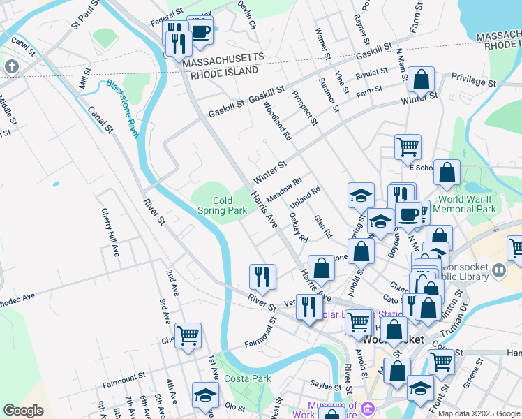 map of restaurants, bars, coffee shops, grocery stores, and more near 362 Harris Avenue in Woonsocket