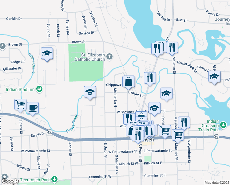 map of restaurants, bars, coffee shops, grocery stores, and more near 301 Bidwell Street in Tecumseh