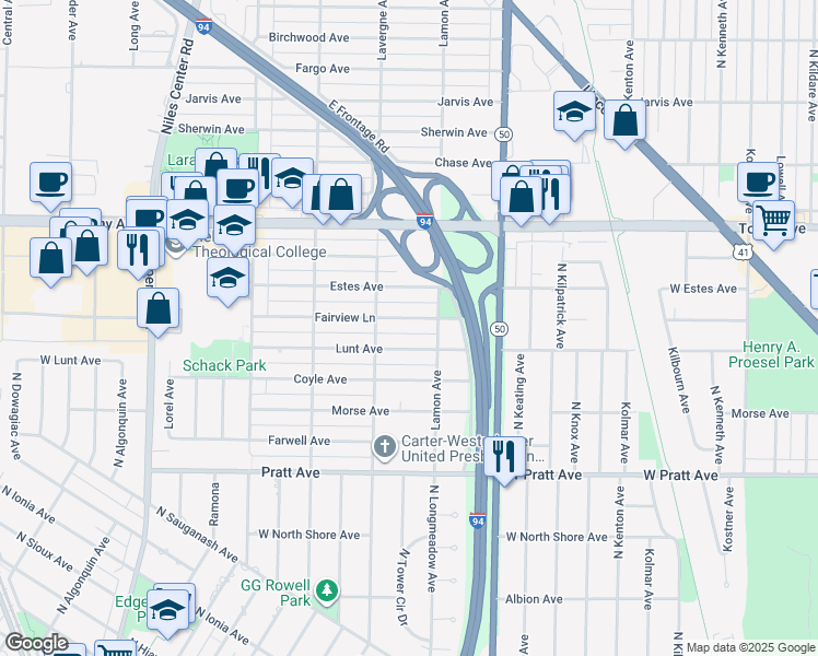 map of restaurants, bars, coffee shops, grocery stores, and more near 4927 Fairview Lane in Skokie