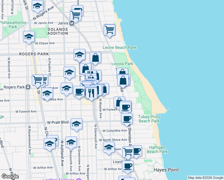 map of restaurants, bars, coffee shops, grocery stores, and more near 1215 West Lunt Avenue in Chicago