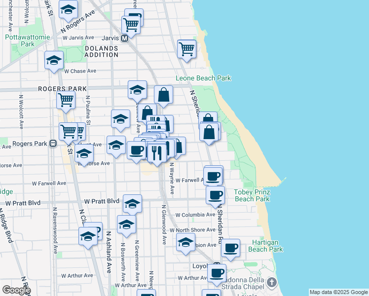 map of restaurants, bars, coffee shops, grocery stores, and more near 1257 West Lunt Avenue in Chicago