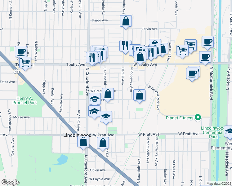 map of restaurants, bars, coffee shops, grocery stores, and more near 3819 West Greenleaf Avenue in Lincolnwood