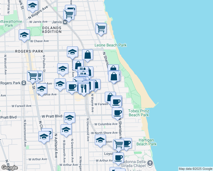 map of restaurants, bars, coffee shops, grocery stores, and more near 1215 West Lunt Avenue in Chicago