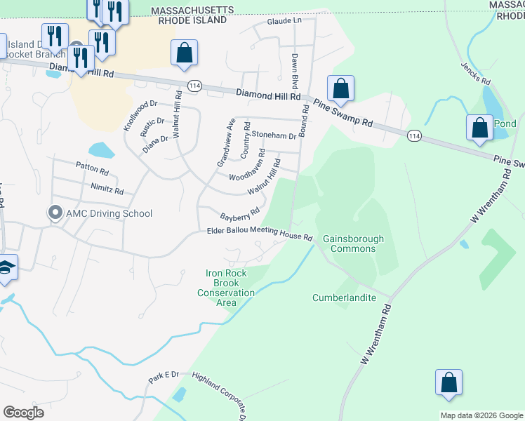 map of restaurants, bars, coffee shops, grocery stores, and more near 227 Bayberry Road in Woonsocket