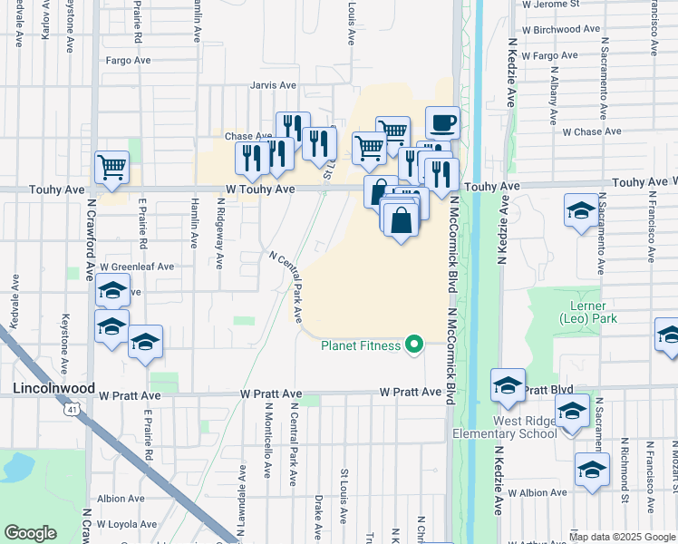 map of restaurants, bars, coffee shops, grocery stores, and more near 7100 McCormick Boulevard in Lincolnwood