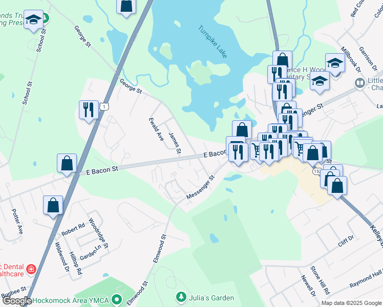 map of restaurants, bars, coffee shops, grocery stores, and more near 169 East Bacon Street in Plainville