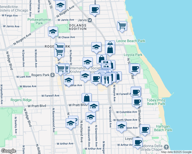map of restaurants, bars, coffee shops, grocery stores, and more near 1445 West Lunt Avenue in Chicago