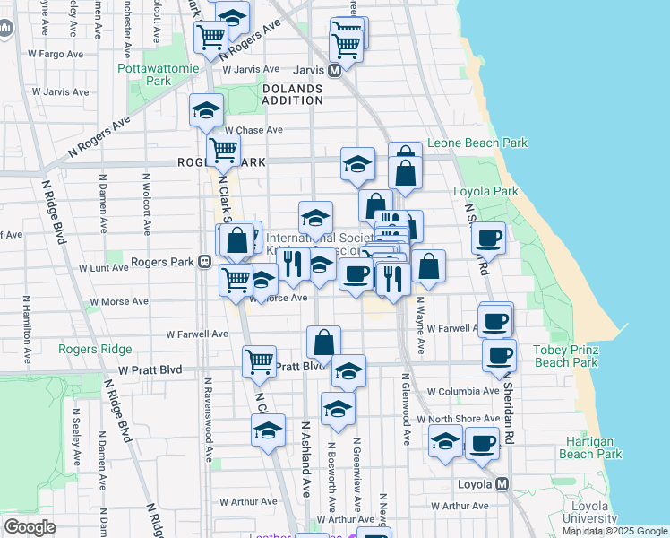 map of restaurants, bars, coffee shops, grocery stores, and more near 1531 West Lunt Avenue in Chicago