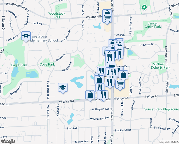 map of restaurants, bars, coffee shops, grocery stores, and more near 187 Pickwick Drive in Schaumburg