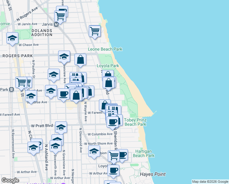 map of restaurants, bars, coffee shops, grocery stores, and more near 1147 West Lunt Avenue in Chicago