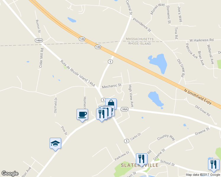 map of restaurants, bars, coffee shops, grocery stores, and more near 45 Mechanic Street in North Smithfield