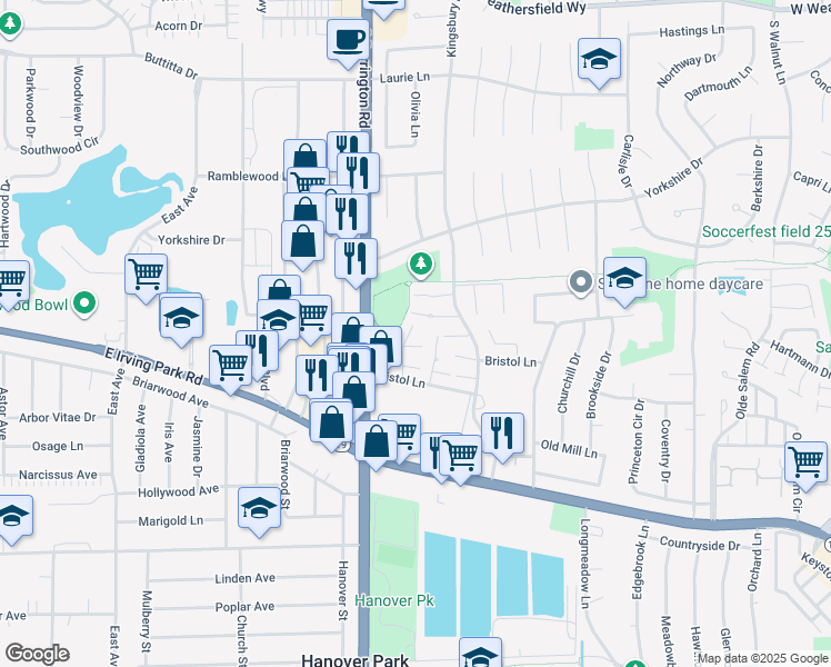map of restaurants, bars, coffee shops, grocery stores, and more near 7530 Bristol Lane in Hanover Park