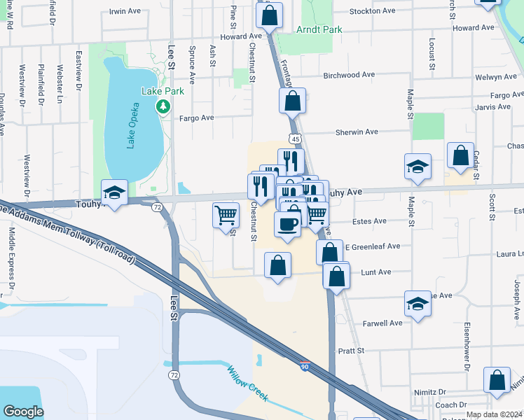 map of restaurants, bars, coffee shops, grocery stores, and more near 10431 East Touhy Avenue in Rosemont