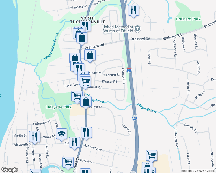 map of restaurants, bars, coffee shops, grocery stores, and more near 23 Montano Road in Enfield