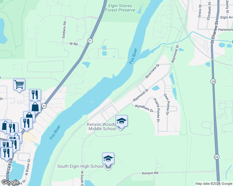 map of restaurants, bars, coffee shops, grocery stores, and more near 1414 River Road in South Elgin