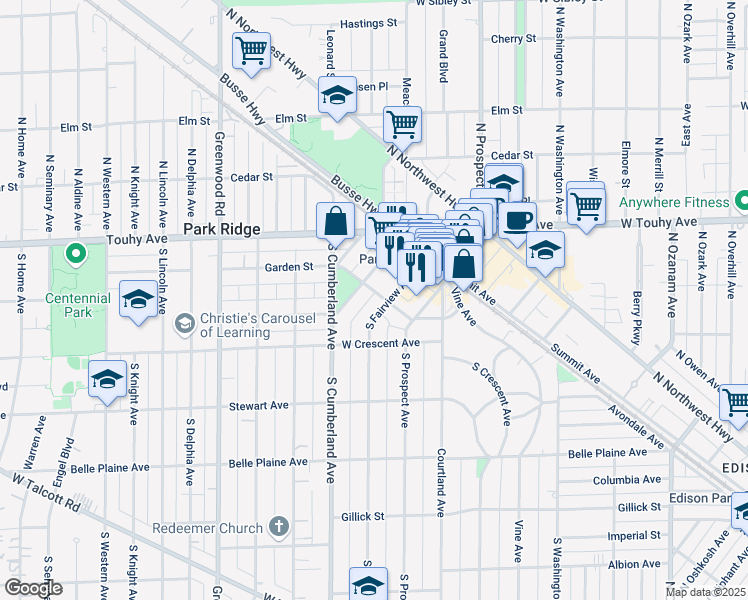 map of restaurants, bars, coffee shops, grocery stores, and more near 809 Garden Street in Park Ridge
