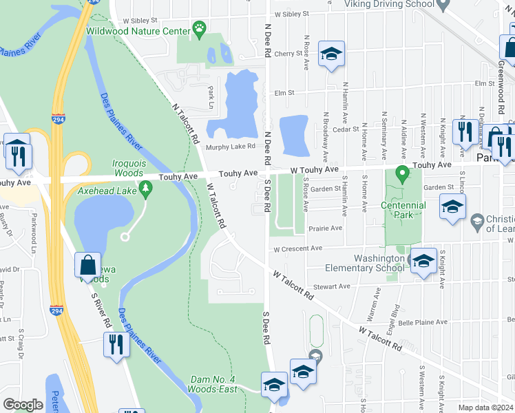 map of restaurants, bars, coffee shops, grocery stores, and more near 100 South Dee Road in Park Ridge