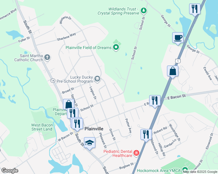 map of restaurants, bars, coffee shops, grocery stores, and more near 10 Crestwood Avenue in Plainville