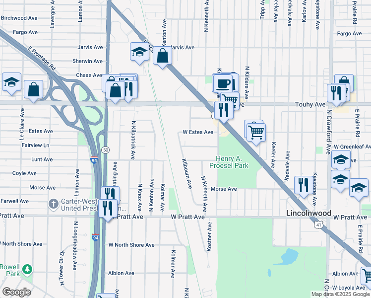 map of restaurants, bars, coffee shops, grocery stores, and more near 7023 North Kilbourn Avenue in Lincolnwood