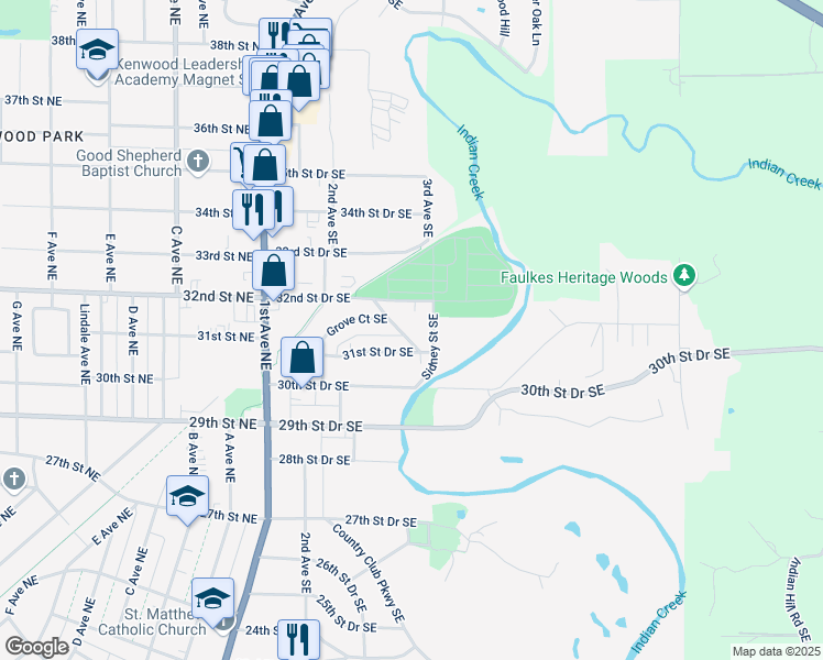 map of restaurants, bars, coffee shops, grocery stores, and more near 3124 Sidney Street Southeast in Cedar Rapids