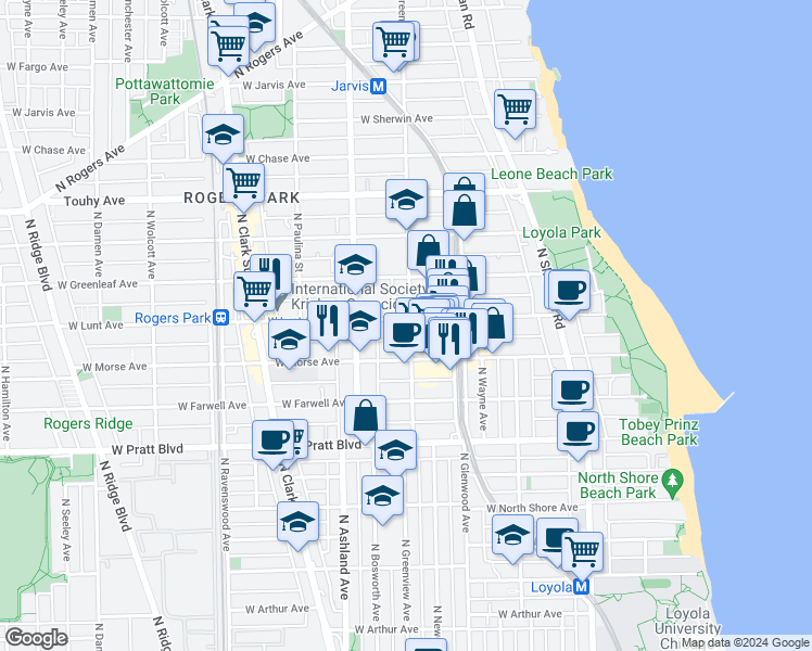 map of restaurants, bars, coffee shops, grocery stores, and more near 6978 North Greenview Avenue in Chicago