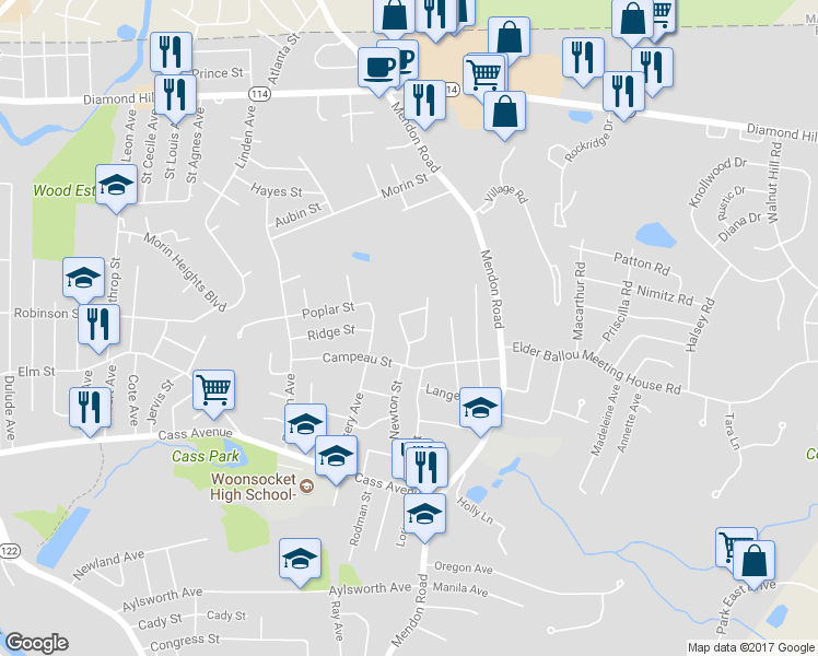 map of restaurants, bars, coffee shops, grocery stores, and more near 81 Mitris Boulevard in Woonsocket