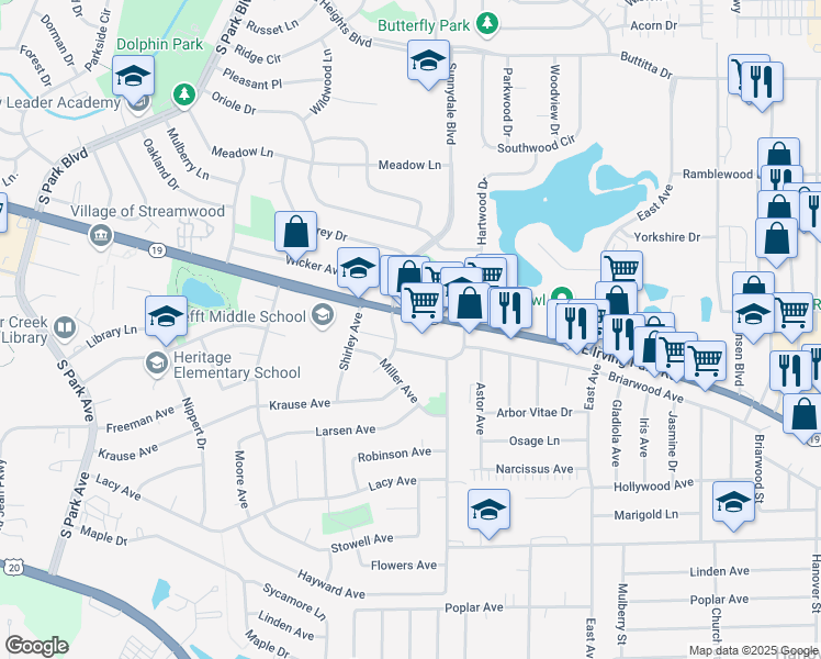 map of restaurants, bars, coffee shops, grocery stores, and more near 901 West Irving Park Road in Streamwood
