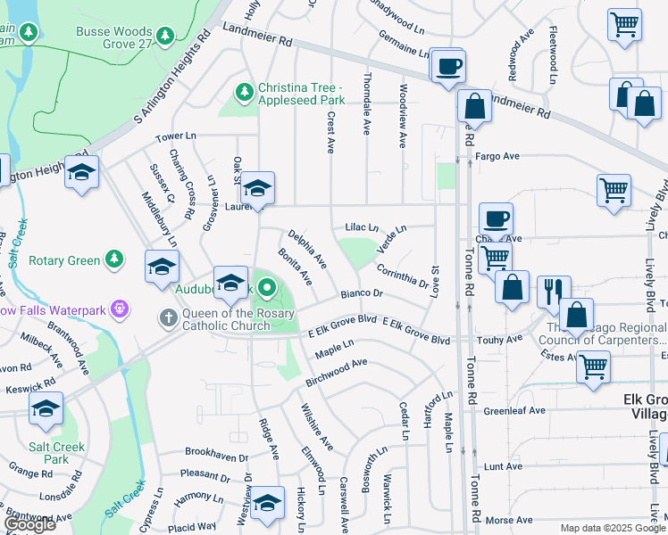 map of restaurants, bars, coffee shops, grocery stores, and more near 829 Delphia Avenue in Elk Grove Village