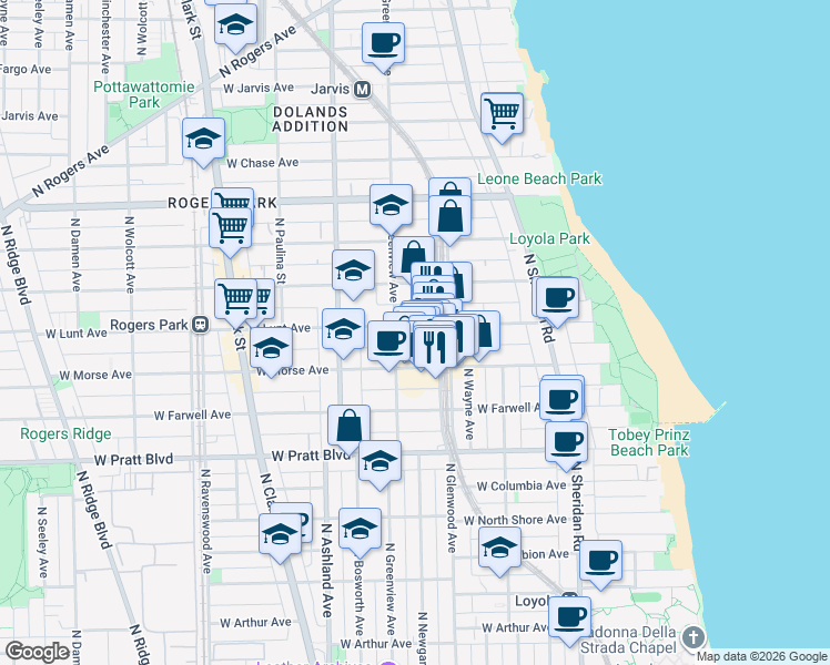 map of restaurants, bars, coffee shops, grocery stores, and more near 1429 West Lunt Avenue in Chicago